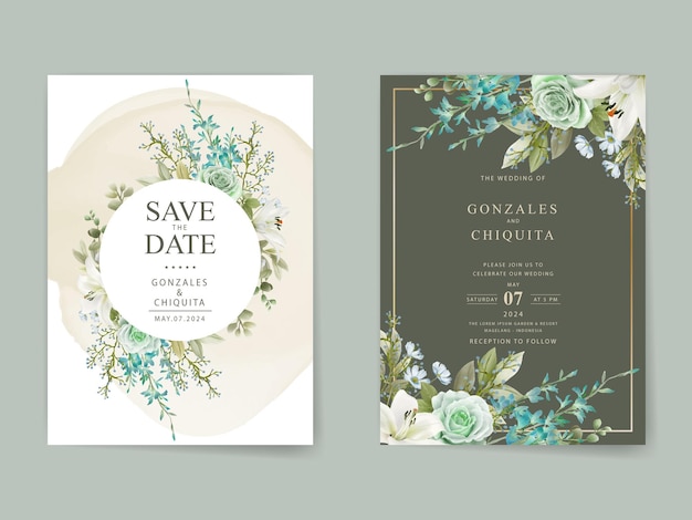 tarjeta de invitación de boda de acuarela floral verde