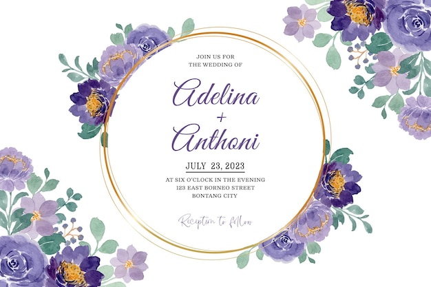 Tarjeta de invitación de boda con acuarela floral violeta suave