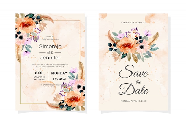 Tarjeta de invitación de boda con acuarela floral