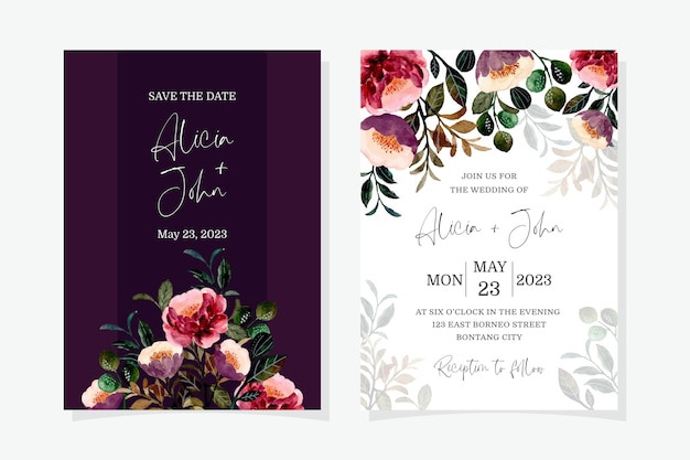 Tarjeta de invitación de boda con acuarela floral