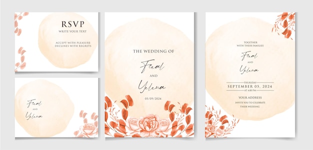 Tarjeta de invitación de boda en acuarela con una hermosa y elegante plantilla de hojas florales