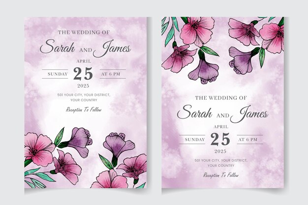 Tarjeta de invitación de boda acuarela con hermosas flores y hojas