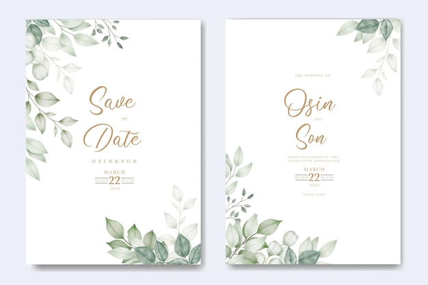 Vector tarjeta de invitación de boda con acuarela de hoja verde