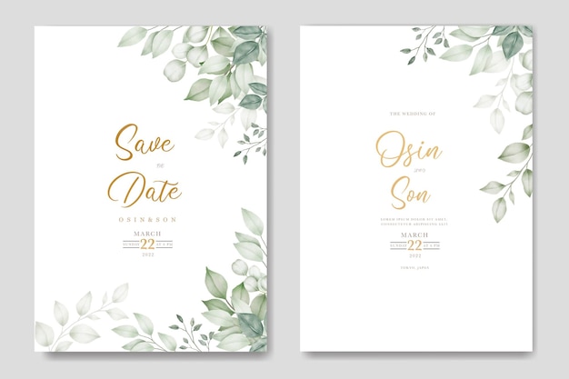 Vector tarjeta de invitación de boda con acuarela de hoja verde