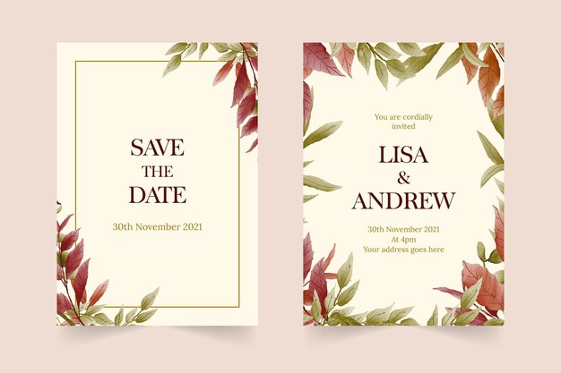 Tarjeta de invitación de boda en acuarela con hojas de colores