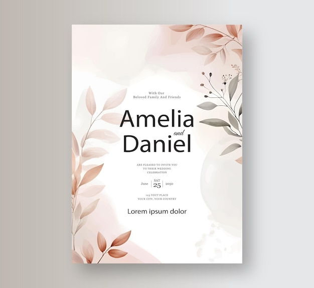 Tarjeta de invitación de boda de acuarela de hojas elegantes