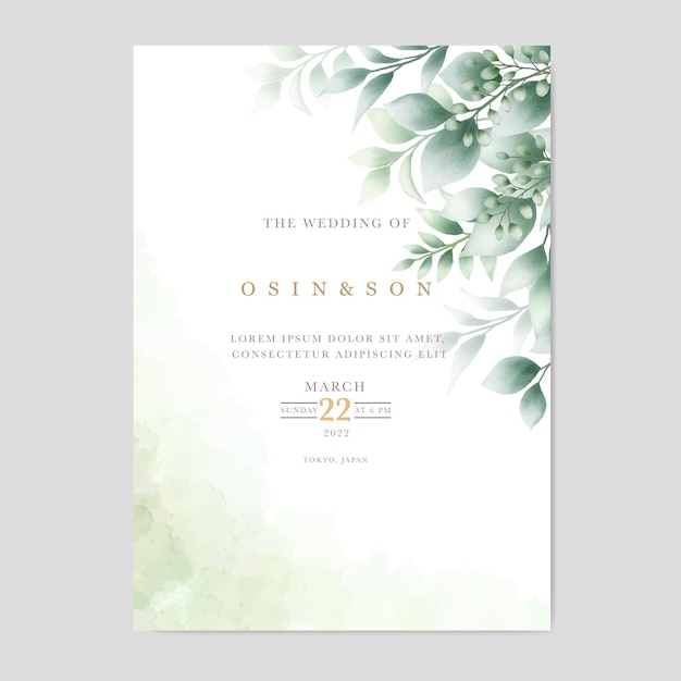 tarjeta de invitación de boda de acuarela de hojas verdes dibujadas a mano elegante