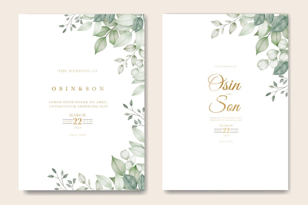 Tarjeta de invitación de boda acuarela en hojas verdes