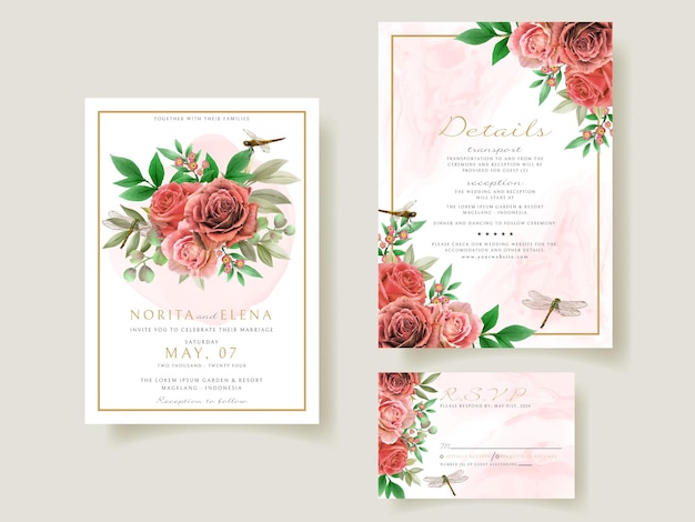 Tarjeta de invitación de boda de acuarela de pintura floral y libélula