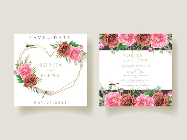 Tarjeta de invitación de boda de acuarela de pintura floral y libélula