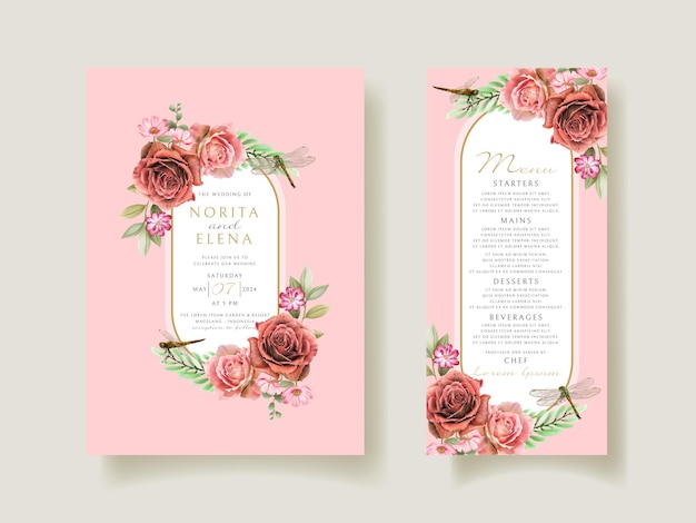 Tarjeta de invitación de boda de acuarela de pintura floral y libélula