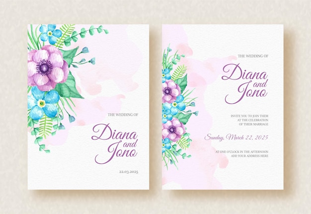 Tarjeta de invitación de boda con acuarela salpicada y adorno floral