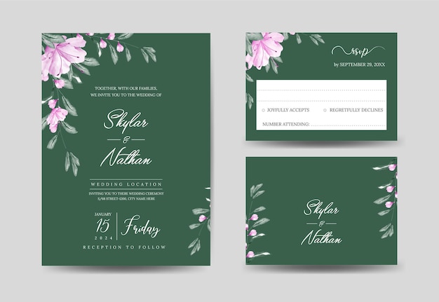 Tarjeta de invitación de boda de acuarela tropical verde oscuro y plantilla de tarjeta RSVP