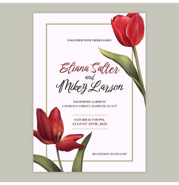 Tarjeta de invitación de boda acuarela tulipán rojo