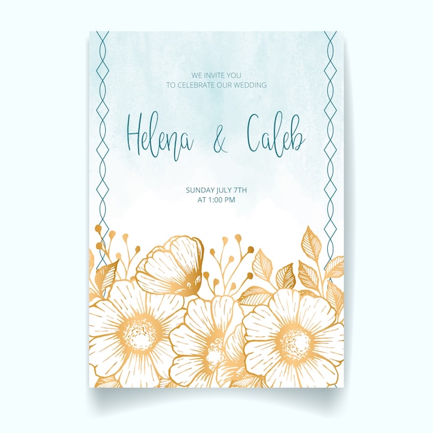 Tarjeta de invitación de boda, ahorre la fecha con acuarela, flores doradas, hojas y ramas.