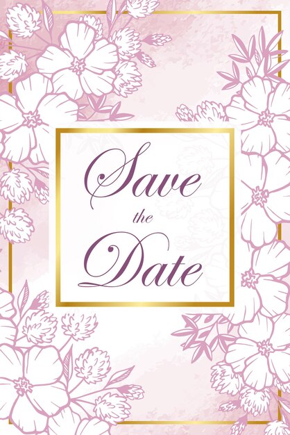 Vector tarjeta de invitación de boda, ahorre la fecha con acuarela, marco dorado, flores, hojas y ramas.