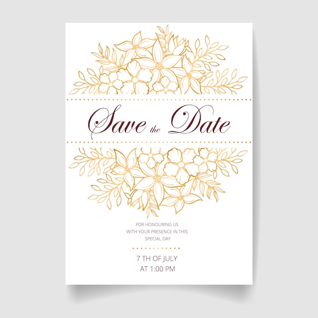 Tarjeta de invitación de boda, ahorre la fecha con flores doradas, hojas y ramas.