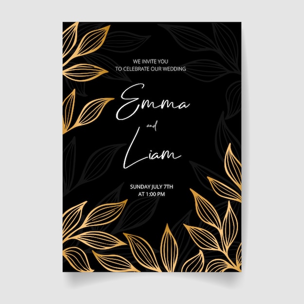 Tarjeta de invitación de boda, ahorre la fecha con flores doradas, hojas y ramas.