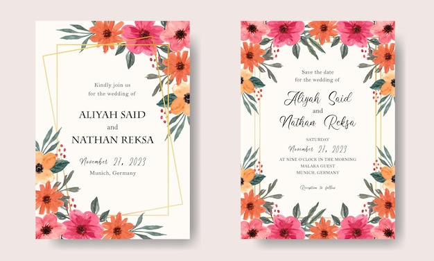 Tarjeta de invitación de boda con arreglo floral de acuarela colorida