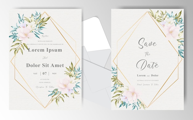 Tarjeta de invitación de boda con arreglo floral y formas geométricas