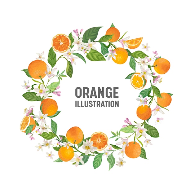 Tarjeta de invitación de boda botánica, vintage Save the Date, diseño de marco de plantilla de naranja, cítricos, flores y hojas, ilustración de flor. Vector portada de moda, cartel gráfico, folleto