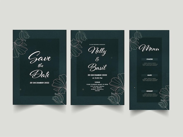 Tarjeta de invitación de boda como diseño de plantilla de menú Guardar la fecha y detalles del evento sobre fondo gris