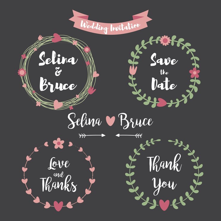 Vector tarjeta de invitación de boda. conjunto de marco floral para tarjeta de agradecimiento, invitaciones de boda, tarjetas de cumpleaños, letras caligráficas, emblema y etiqueta. elementos de diseño de boda estilo pizarra.