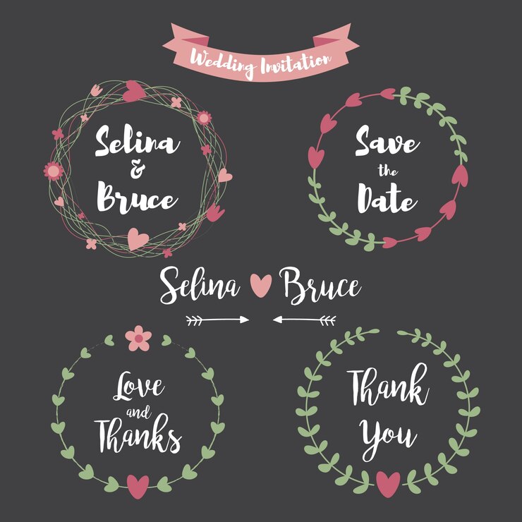 Tarjeta de invitación de boda. Conjunto de marco floral para tarjeta de agradecimiento, invitaciones de boda, tarjetas de cumpleaños, letras caligráficas, emblema y etiqueta. Elementos de diseño de boda estilo pizarra.