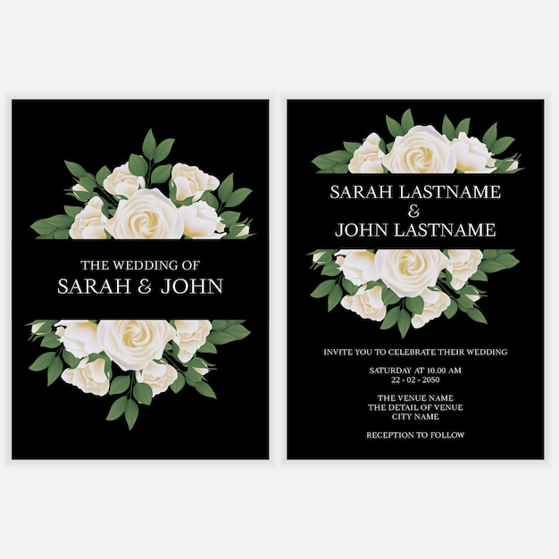 Vector tarjeta de invitación de boda con decoración de flor rosa blanca