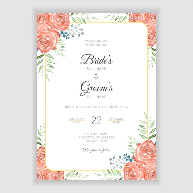 Tarjeta de invitación de boda con decoración floral acuarela