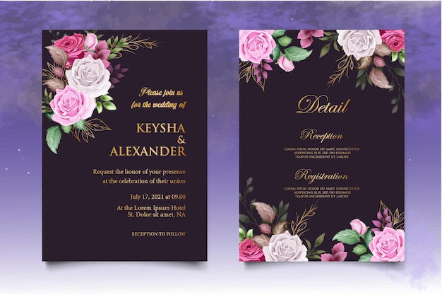 Tarjeta de invitación de boda con decoración floral dibujada a mano