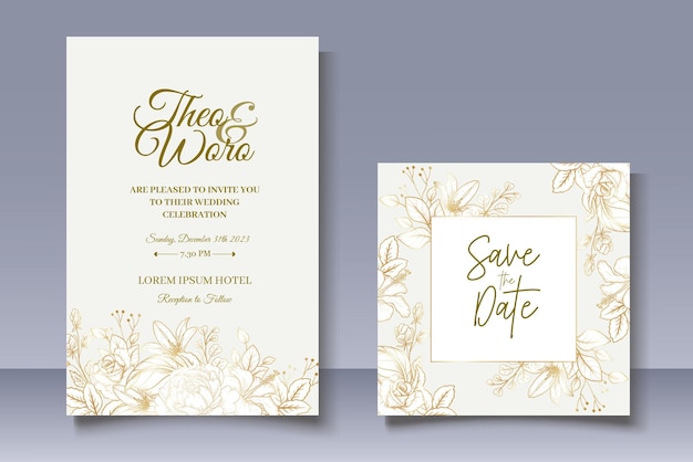 Vector tarjeta de invitación de boda con decoración floral dibujada a mano