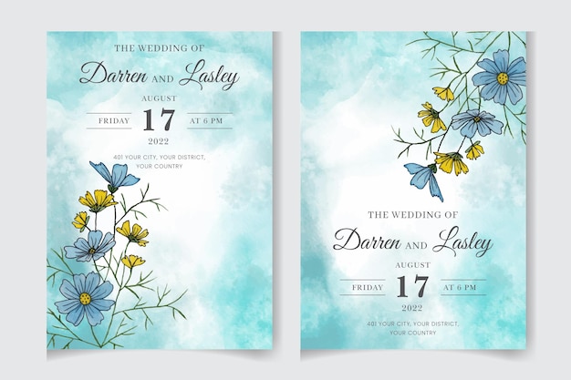 Tarjeta de invitación de boda dibujada a mano elegante diseño floral con flores hojas Textura de arte natural