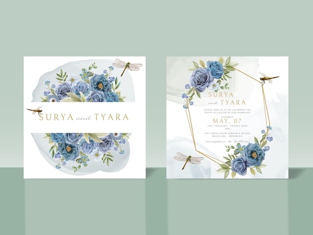 Tarjeta de invitación de boda dibujada a mano con flores azules y libélulas