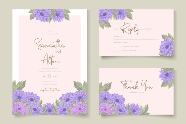 Tarjeta de invitación de boda con diseño de flor de crisantemo morado