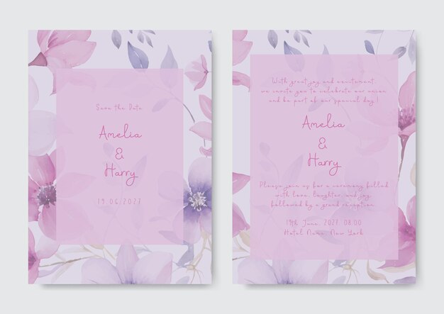 Tarjeta de invitación de boda con diseño floral de flor de cerezo púrpura Plantilla de invitación de boda
