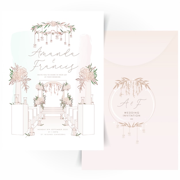 Tarjeta de invitación de boda con diseño de logo de corona floral