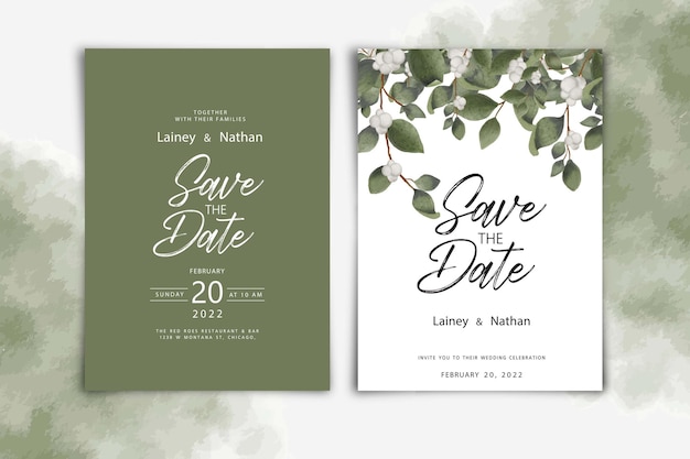 Tarjeta de invitación de boda elegante acuarela floral con hoja verde