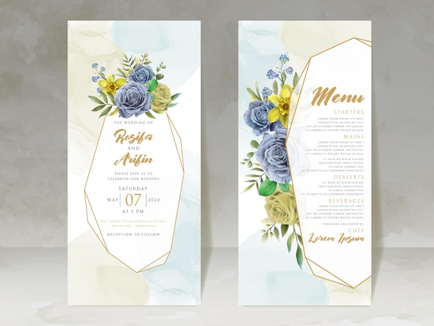 Tarjeta de invitación de boda elegante con acuarela de flores azules y amarillas