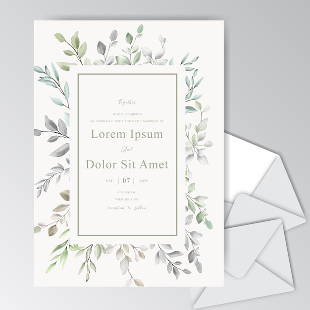 Tarjeta de invitación de boda elegante acuarela con follaje verde