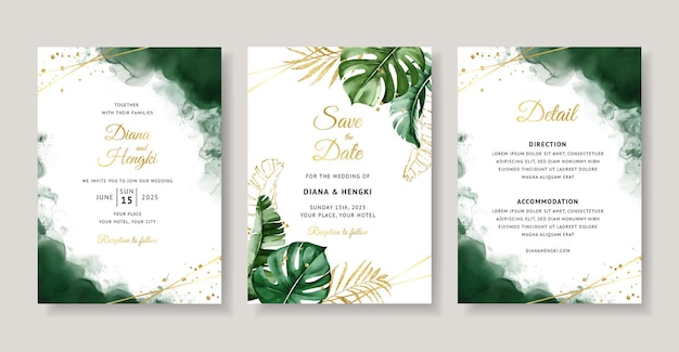 Tarjeta de invitación de boda elegante con acuarela tropical verde