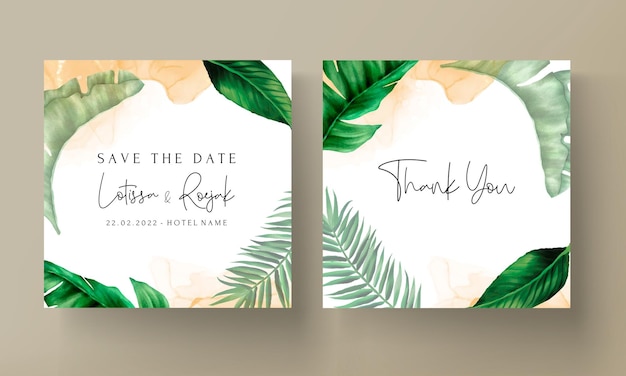 Vector tarjeta de invitación de boda elegante con acuarela tropical verde