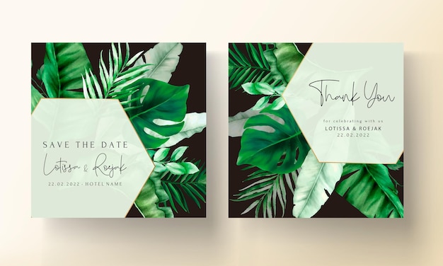 Tarjeta de invitación de boda elegante con acuarela tropical verde