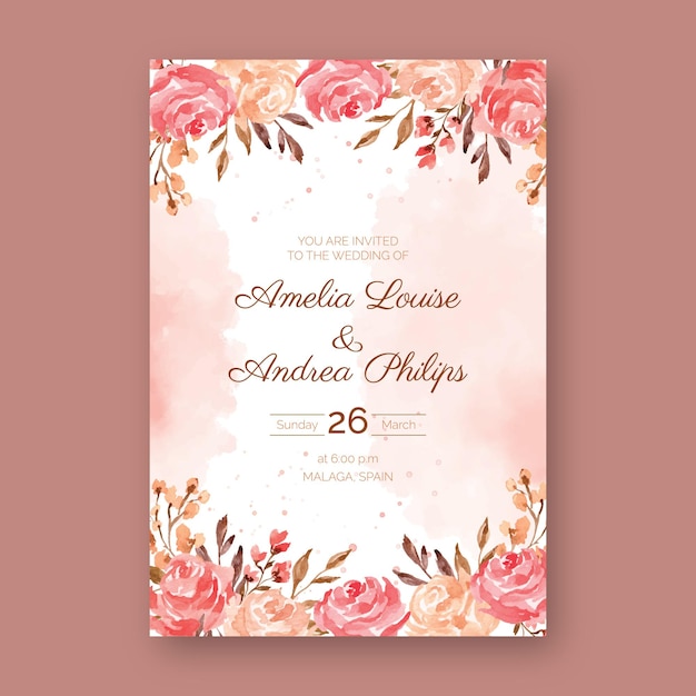 Tarjeta de invitación de boda elegante con adornos florales de acuarela vector