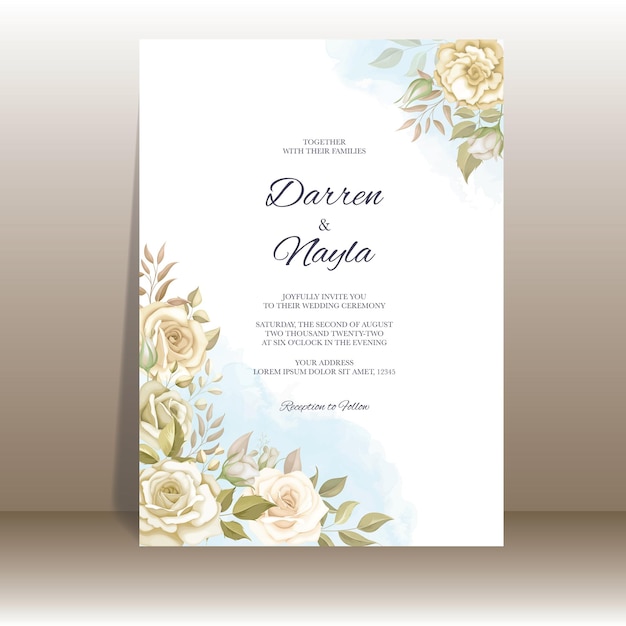 Tarjeta de invitación de boda elegante con decoración de rosas