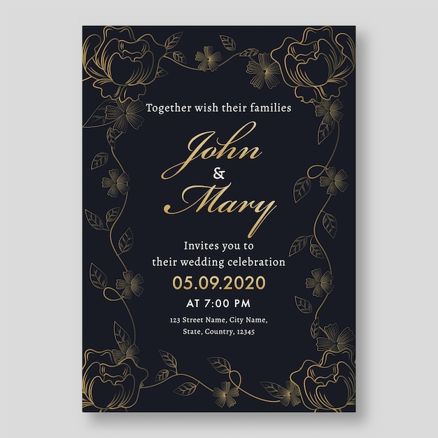 Tarjeta de invitación de boda elegante con detalles del evento.