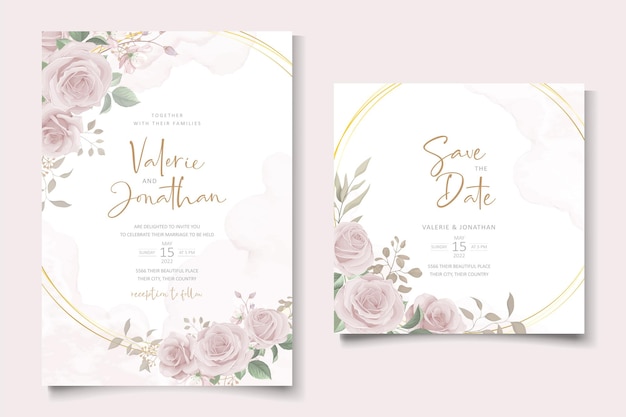 Tarjeta de invitación de boda elegante con flores y hojas suaves dibujadas a mano