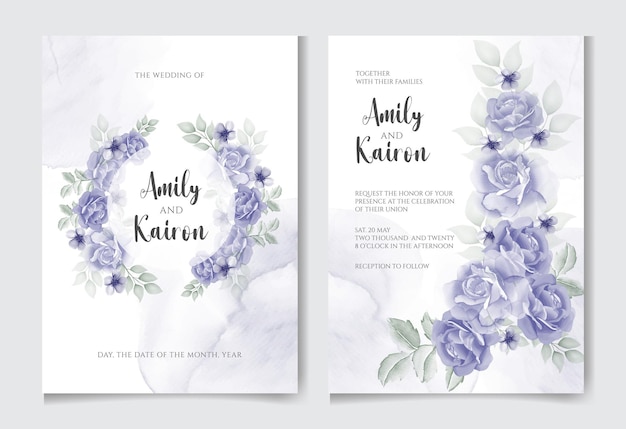 Vector tarjeta de invitación de boda elegante con hermosa plantilla floral y hojas azul marino