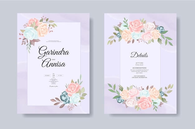 Tarjeta de invitación de boda elegante con hermosa plantilla floral y hojas premium vector