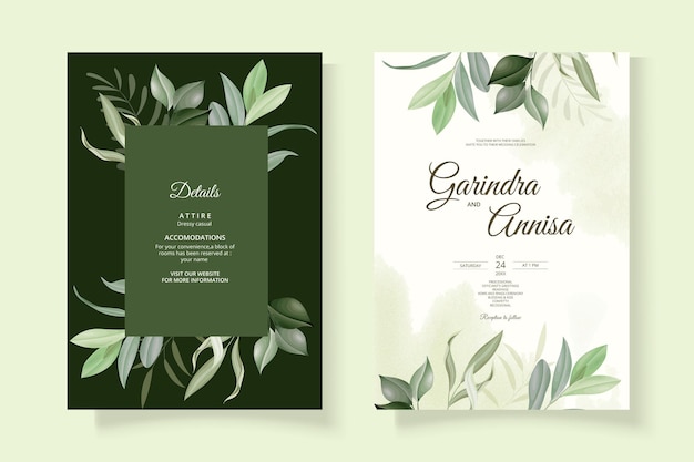 Tarjeta de invitación de boda elegante con hermosa plantilla floral y hojas premium vector